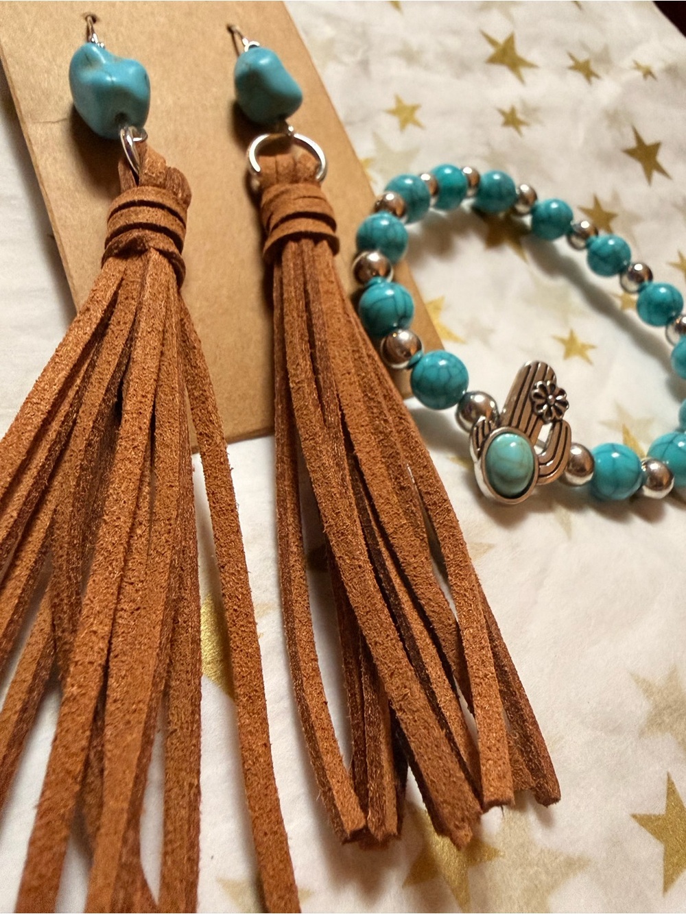 Turquoise Bead Bracelet and Tan Suede Tassel Earrings Set